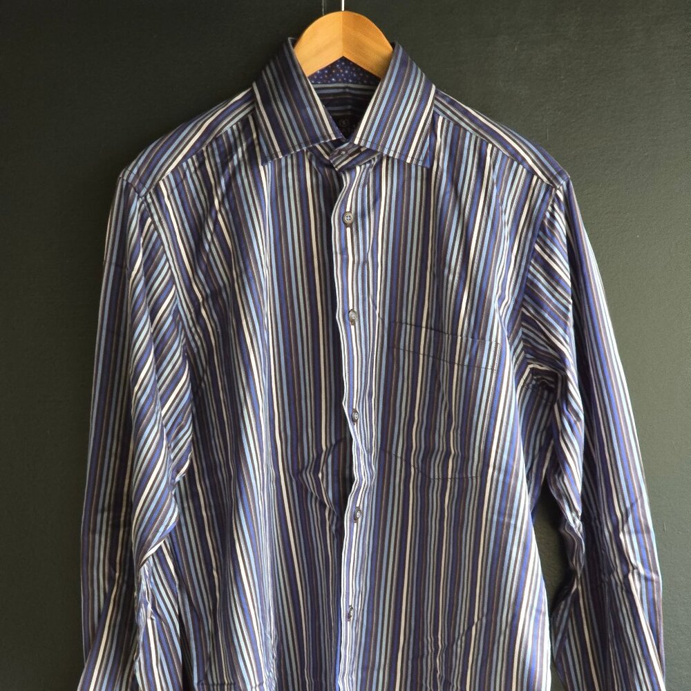 Bugatchi men's LS Long Sleeve button up dress shirt striped blue brown white m